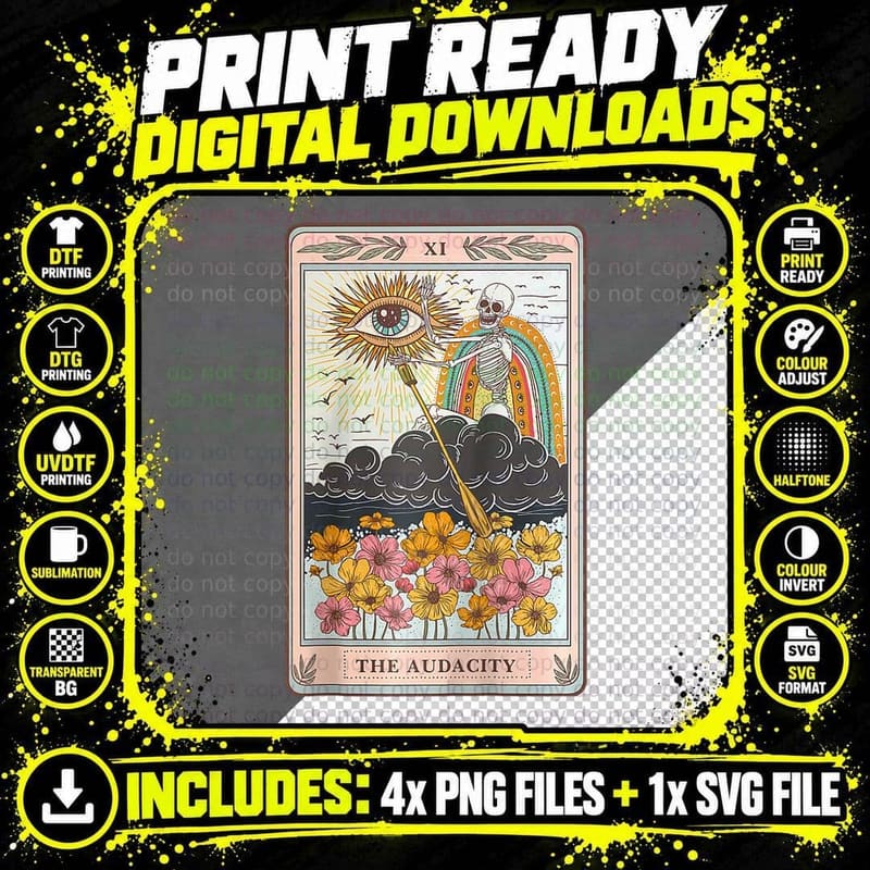 Retro Skeleton Riding Cloud the Audacity Tarot Card Png SVG Digital Bundle