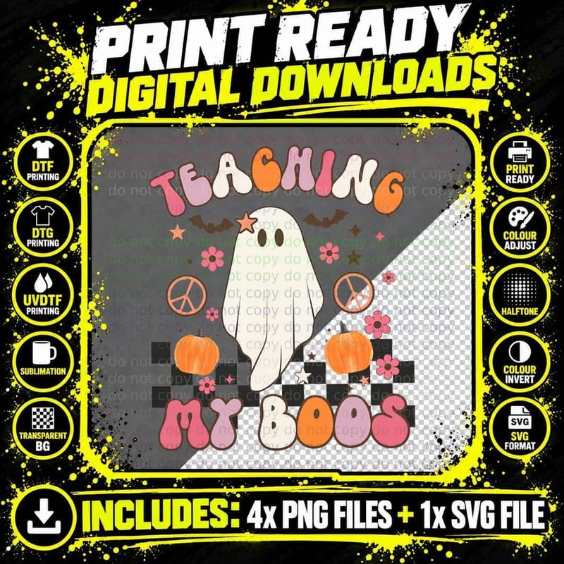 Retro Spooky Teacher Halloween Ghost Teaching My BOOS Png SVG Digital Bundle