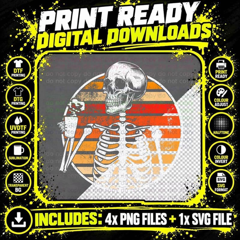 Retro Vintage Goth Skull Halloween Skeleton Drinking Png SVG Digital Bundle