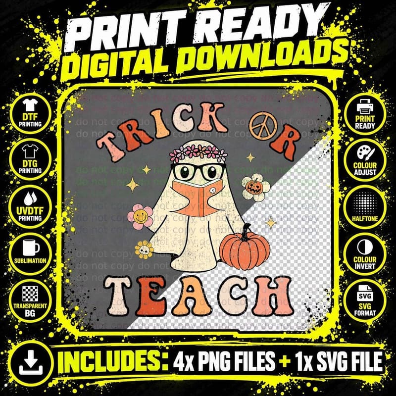 Retro Vintage Groovy Trick or Teach Ghost Teacher Png SVG Digital Bundle