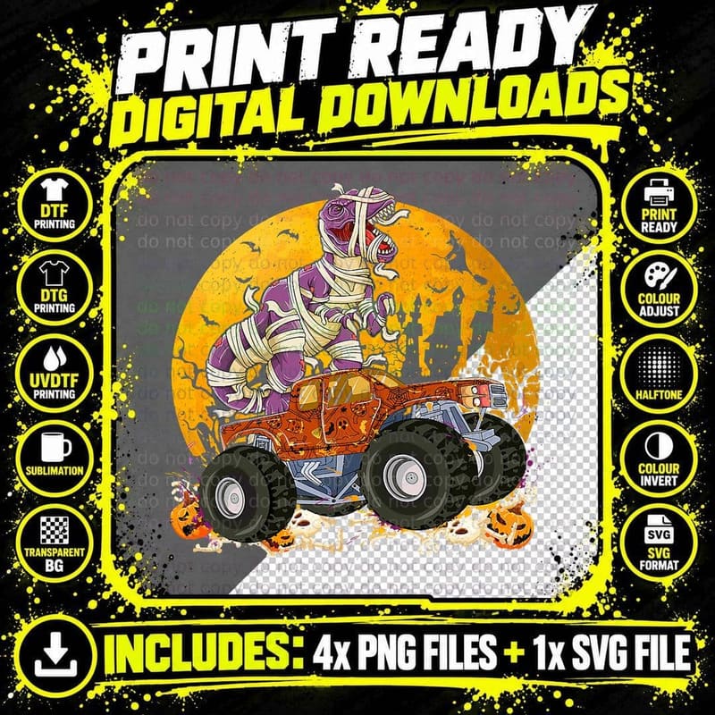 Riding Monster Truck Halloween Dinosaur T-Rex Mummy Png SVG Digital Bundle