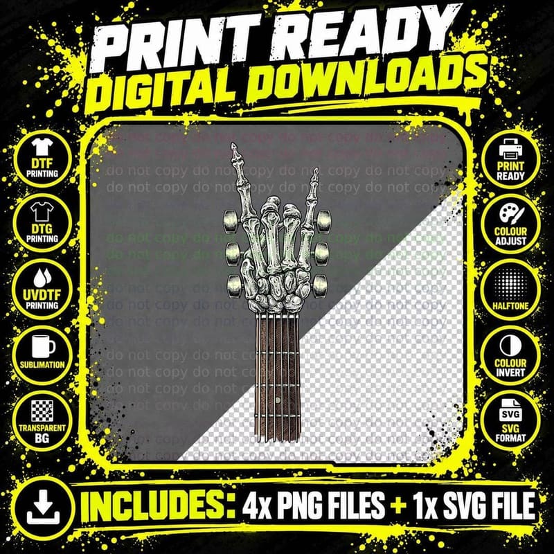 Rock on Guitar Neck - with a Sweet Rock & Roll Skeleton Png SVG Digital Bundle