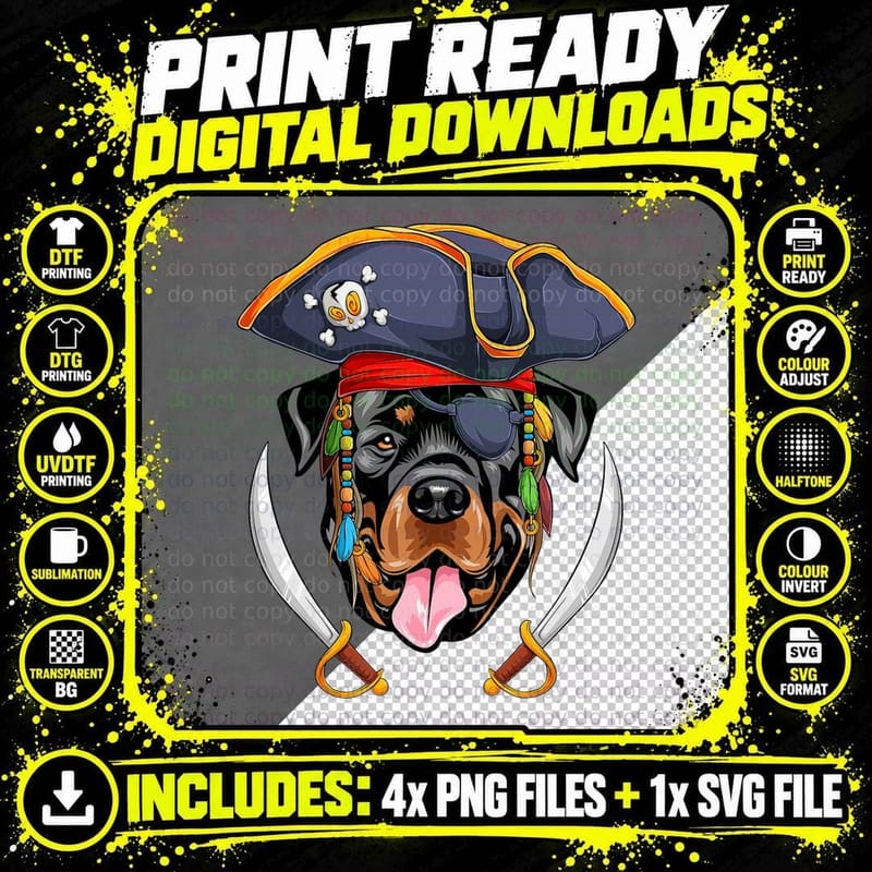 Rottweiler Pirate Funny Halloween Rottie Dog T-Shirt Png SVG Digital Bundle