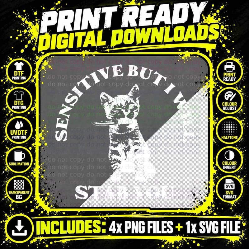 Sensitive but I Will Stab You Funny Cat Horror T-Shirt Png SVG Digital Bundle