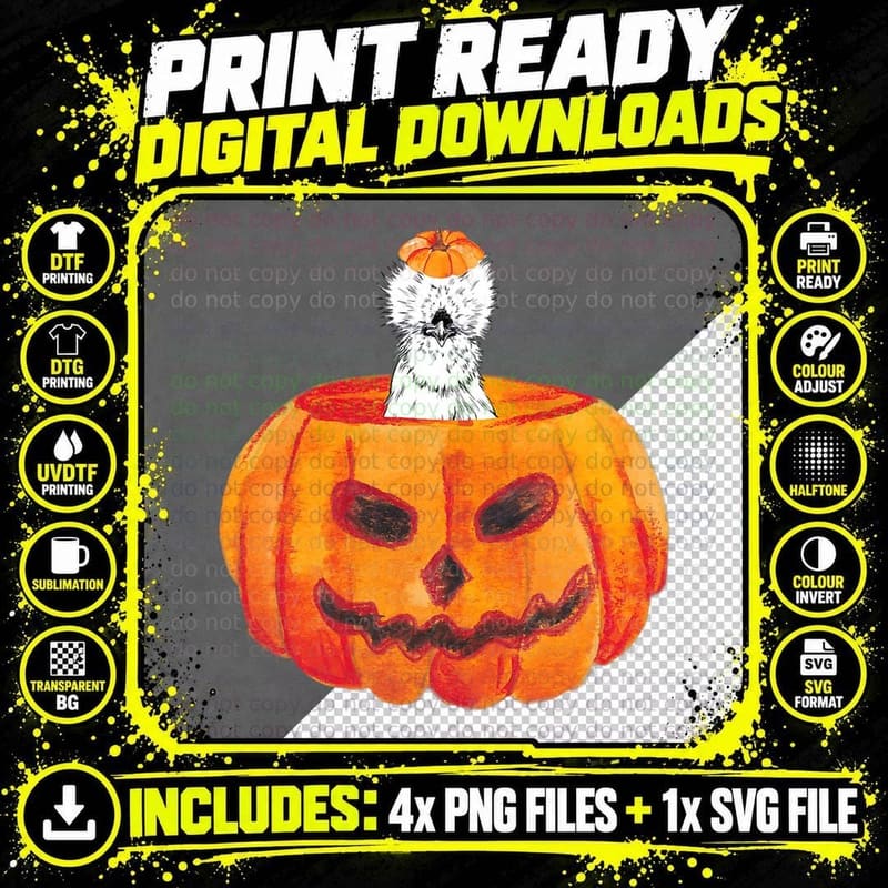 Silkie Chicken Happy Halloween Pumpkin Farm Animal Lover Png SVG Digital Bundle