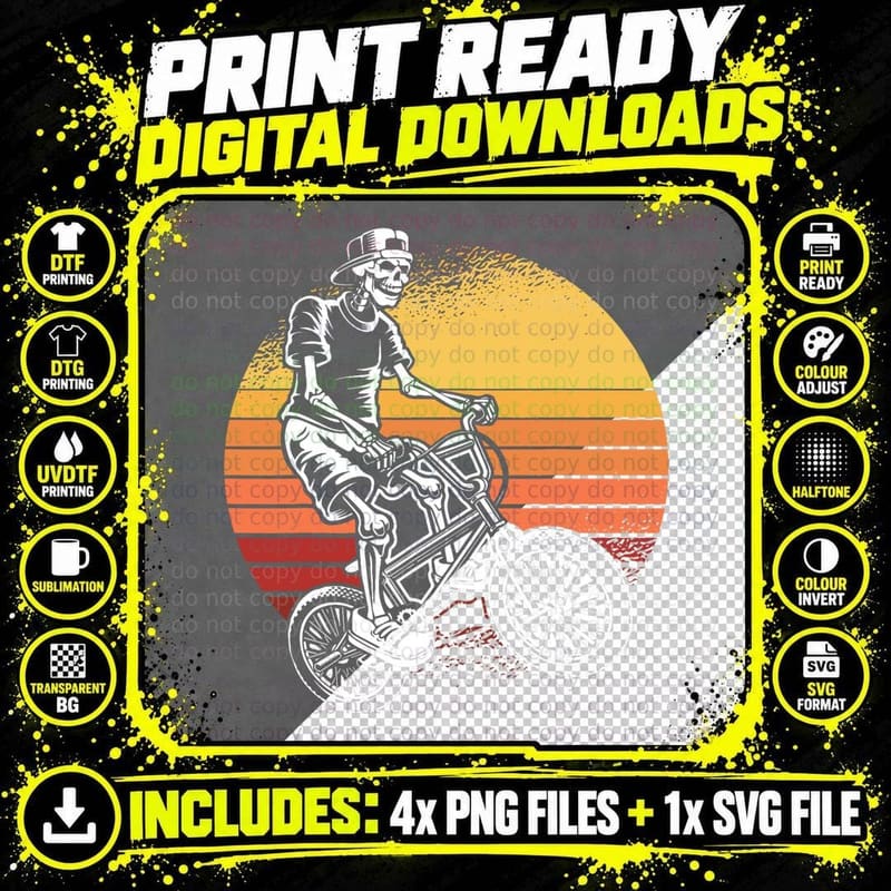 Skeleton Biking Lazy Halloween Costume Retro Bicycle Png SVG Digital Bundle