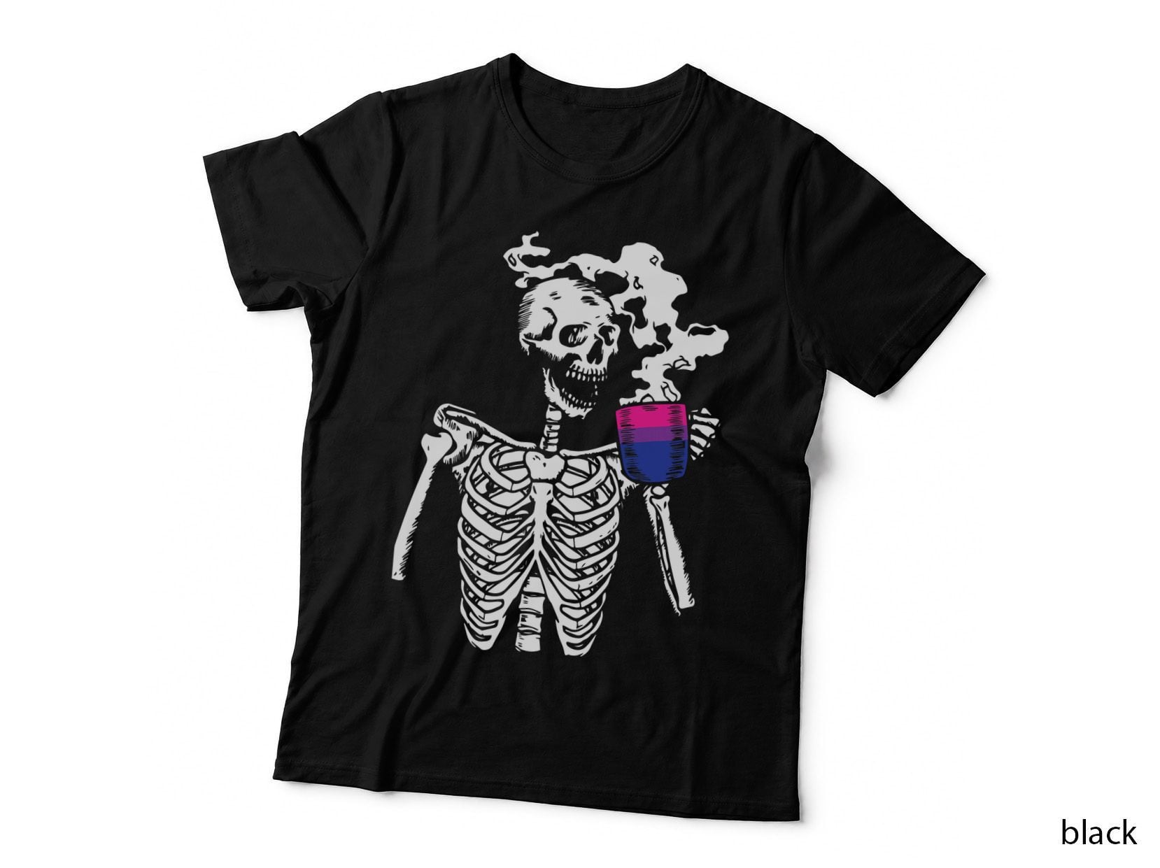 Skeleton Drinking Coffee Bi-Sexual Pride Skull LGBT-Q Ally T-Shirt