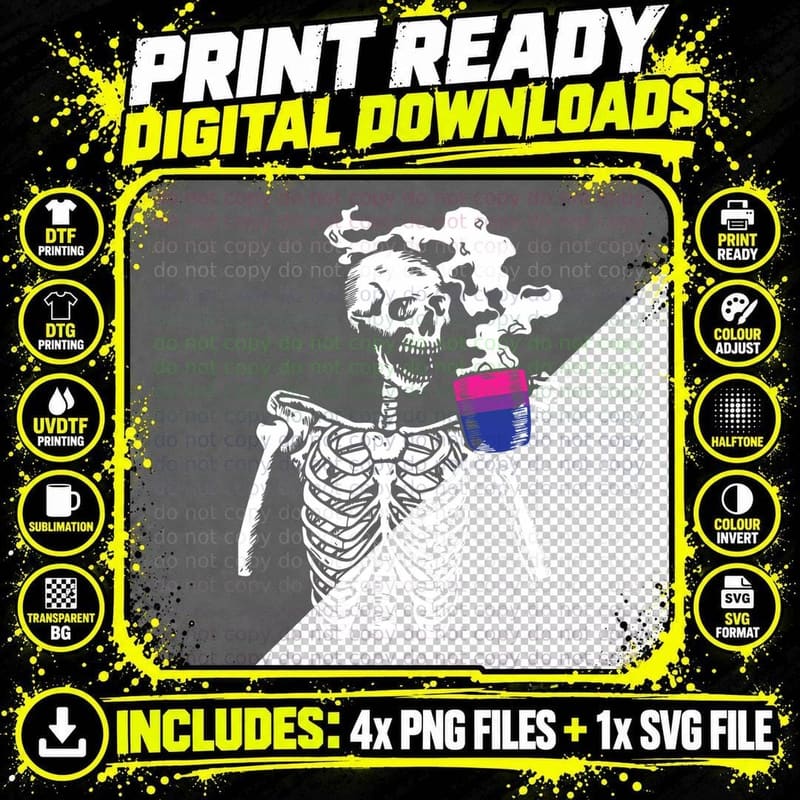 Skeleton Drinking Coffee Bi-Sexual Pride Skull LGBT-Q Png SVG Digital Bundle