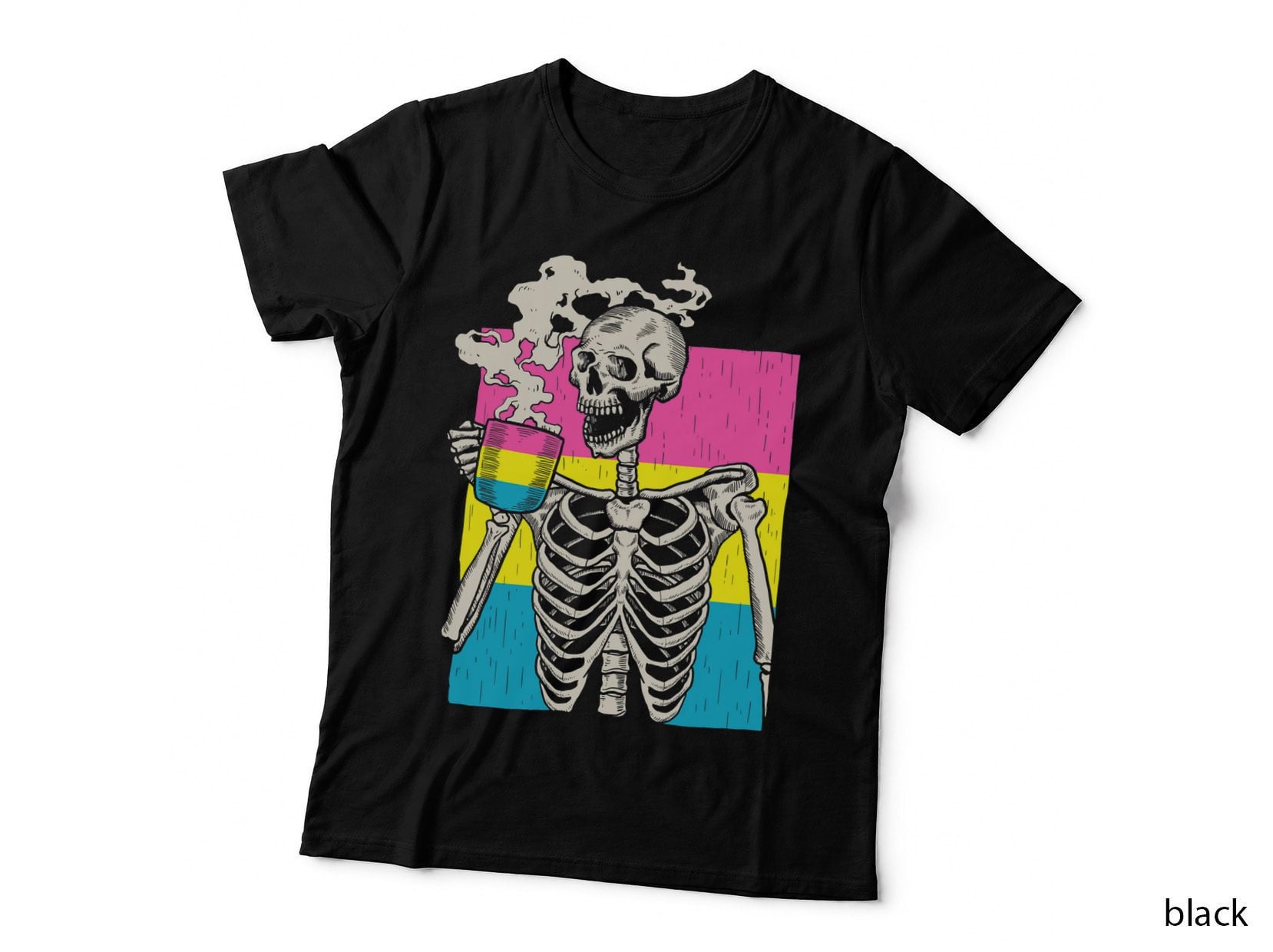 Skeleton Drinking Coffee LGBT-Q Pansexual Pride Pan Flag T-Shirt