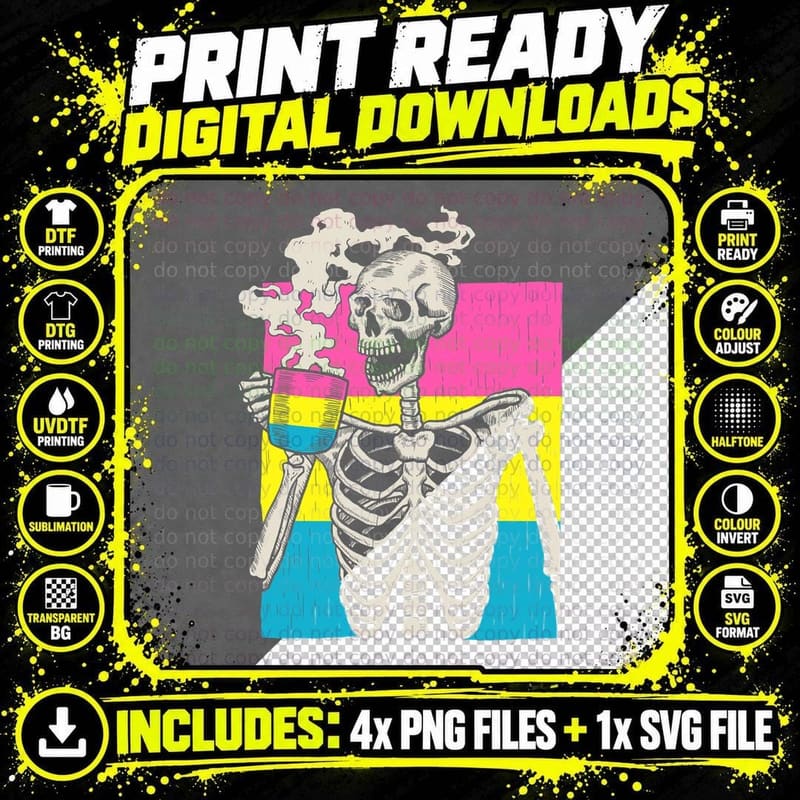 Skeleton Drinking Coffee LGBT-Q Pansexual Pride Pan Flag Png SVG Digital Bundle