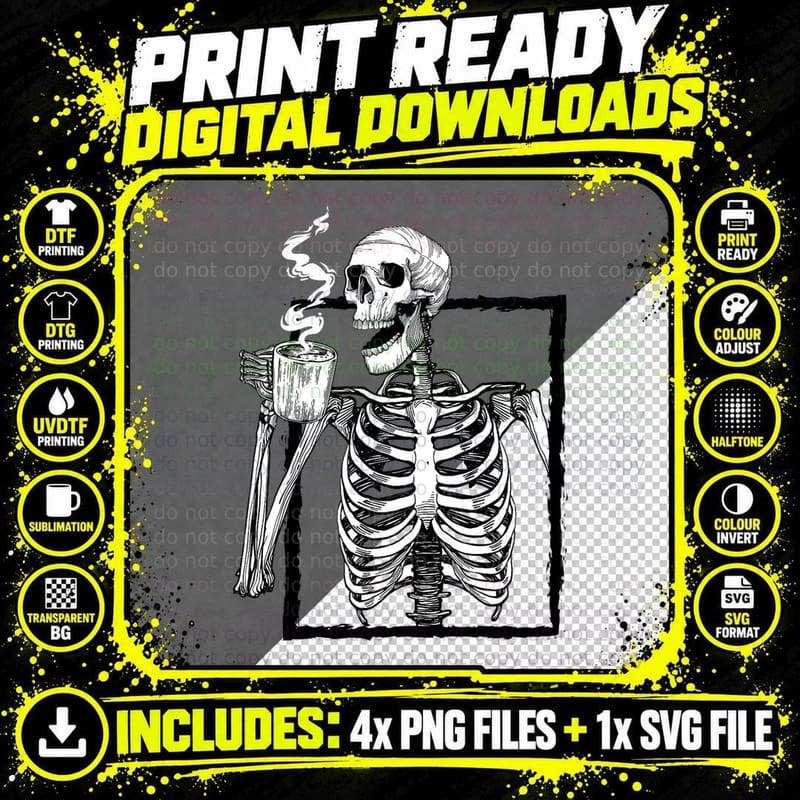 Skeleton Drinking Coffee, Lover Funny Halloween Skull Png SVG Digital Bundle