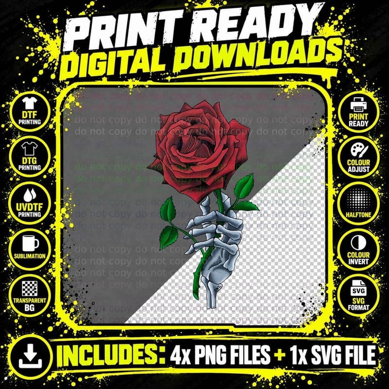 Skeleton Hand Red Rose Flower T-Shirt Png SVG Digital Bundle