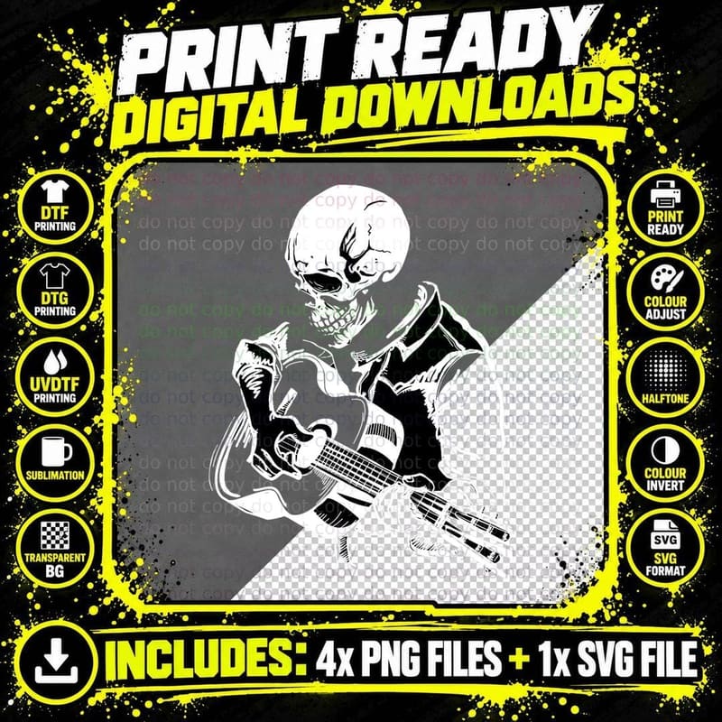 Skeleton Head Playing Acoustic Rock on His Guitar Its Png SVG Digital Bundle
