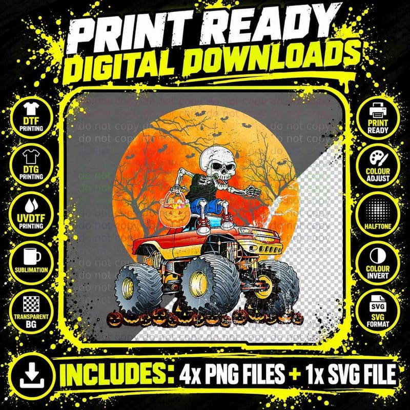 Skeleton Monster Truck Moon Candy Toddler Boys Halloween Png SVG Digital Bundle