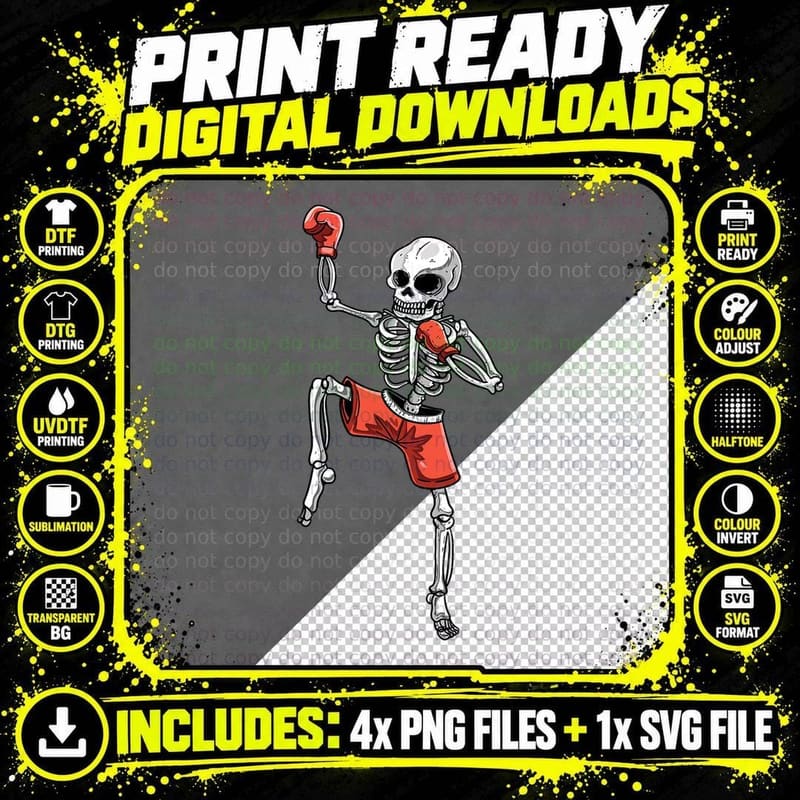 Skeleton Muay Thai Halloween Kickboxing MMA Fighter Png SVG Digital Bundle