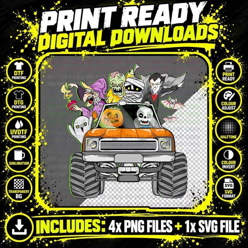 Skeleton Mummy Witch Riding Truck Halloween Funny Png SVG Digital Bundle