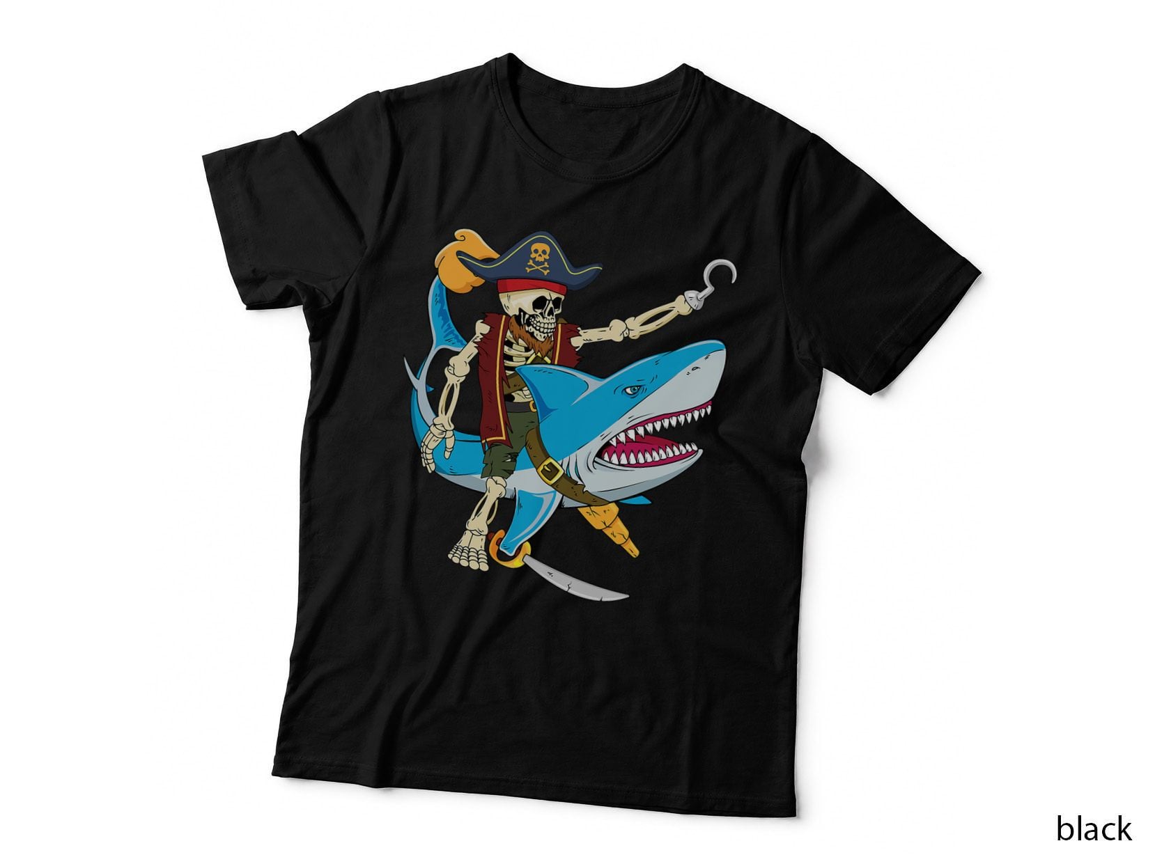 Skeleton Pirate Riding Shark Halloween Kids Boys T-Shirt