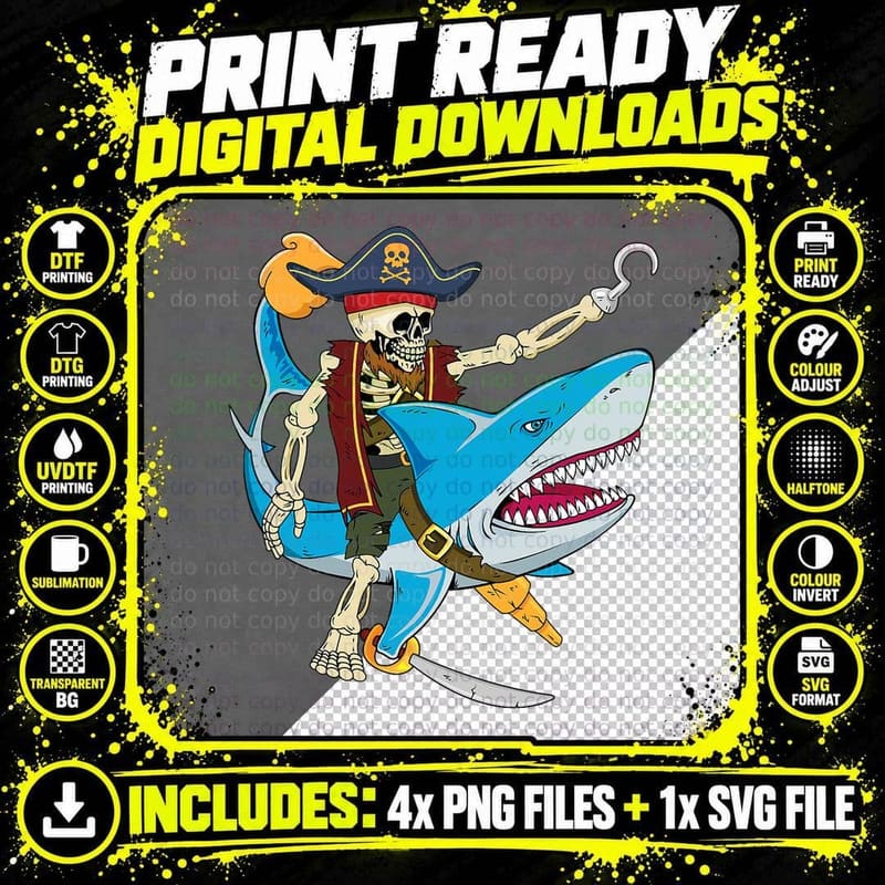 Skeleton Pirate Riding Shark Halloween Kids Boys T-Shirt Png SVG Digital Bundle