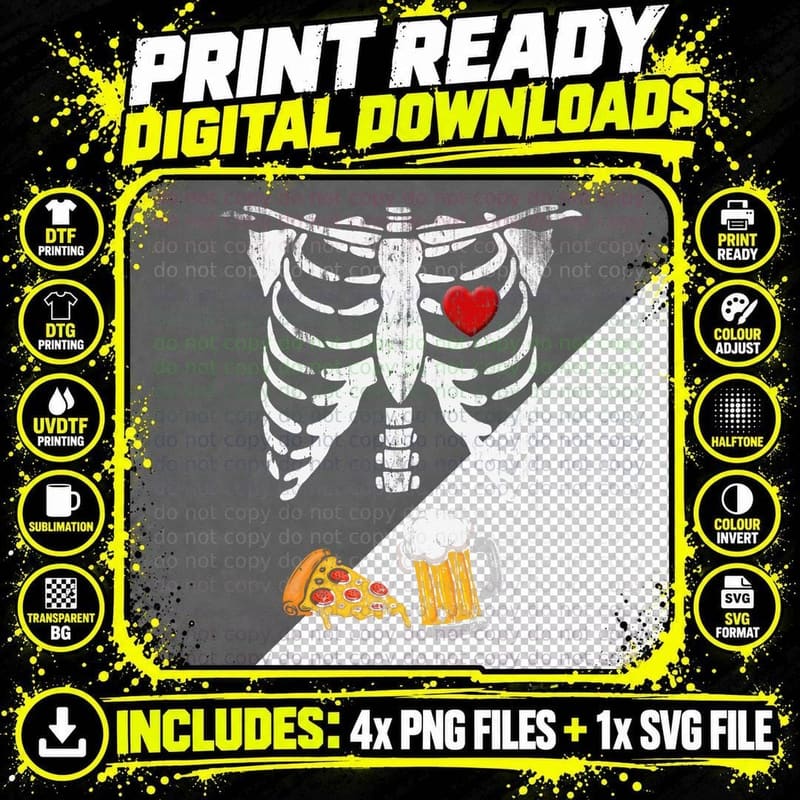 Skeleton Pregnancy Beer Pizza X-Ray Halloween Costume Png SVG Digital Bundle