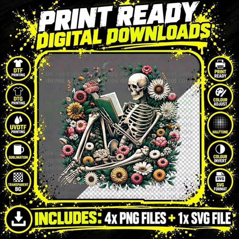 Skeleton Reading Book Lover Floral Flowers Bookish Png SVG Digital Bundle