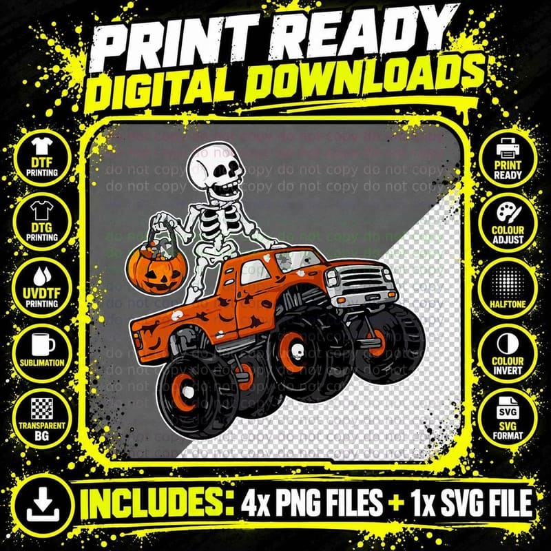 Skeleton Riding Monster Truck Lazy Halloween Costume Png SVG Digital Bundle
