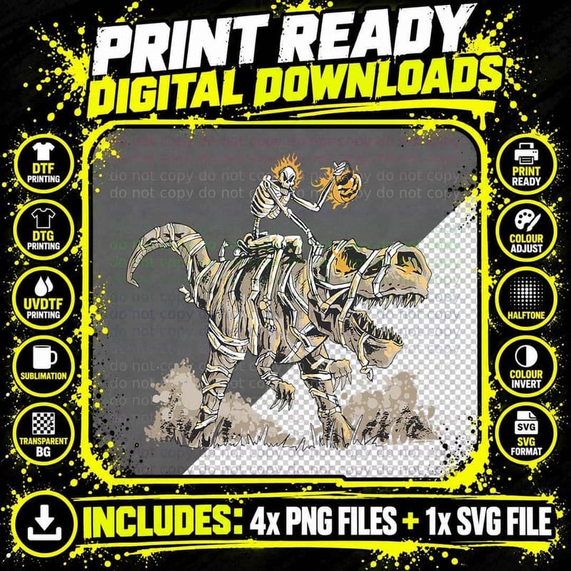 Skeleton Riding Mummy Dinosaur T Rex Pumpkin Funny Png SVG Digital Bundle