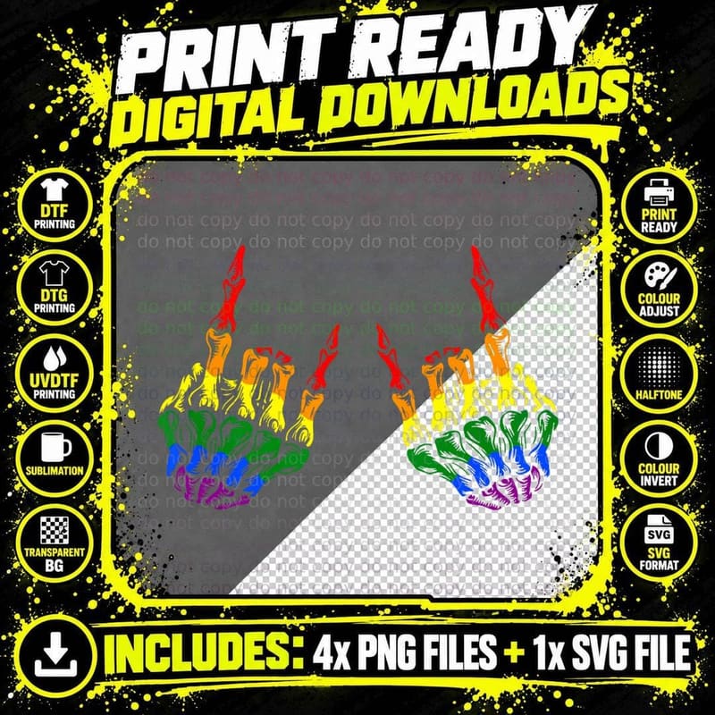 Skeleton Rock Hand LGBT-Q Gay Pride Proud Ally Rainbow Png SVG Digital Bundle