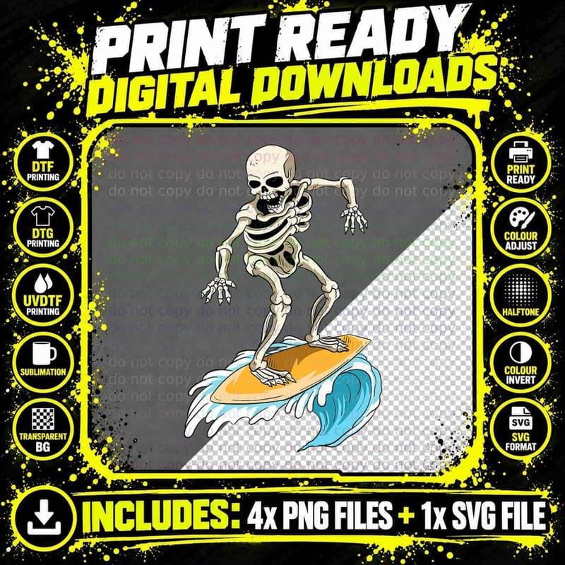 Skeleton Surfer Surfboard Beach Summer Waves Surf Png SVG Digital Bundle