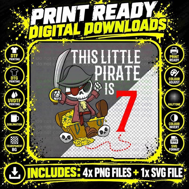 Skeleton This Little Pirate Is 7 Kids Pirate Birthday Png SVG Digital Bundle