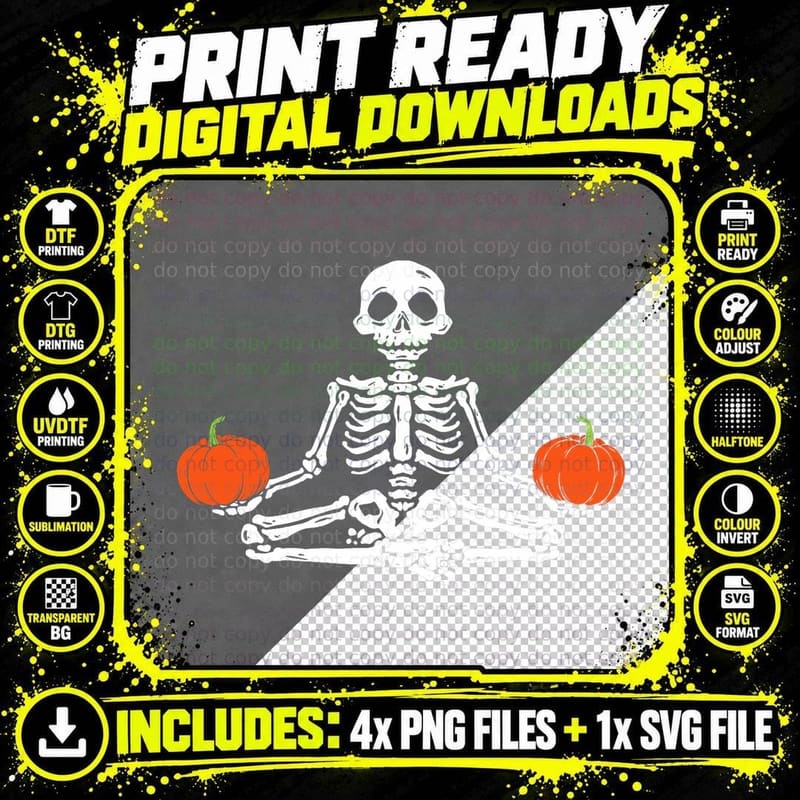 Skeleton Yoga Lazy Halloween Costume Meditating Pumpkin Png SVG Digital Bundle