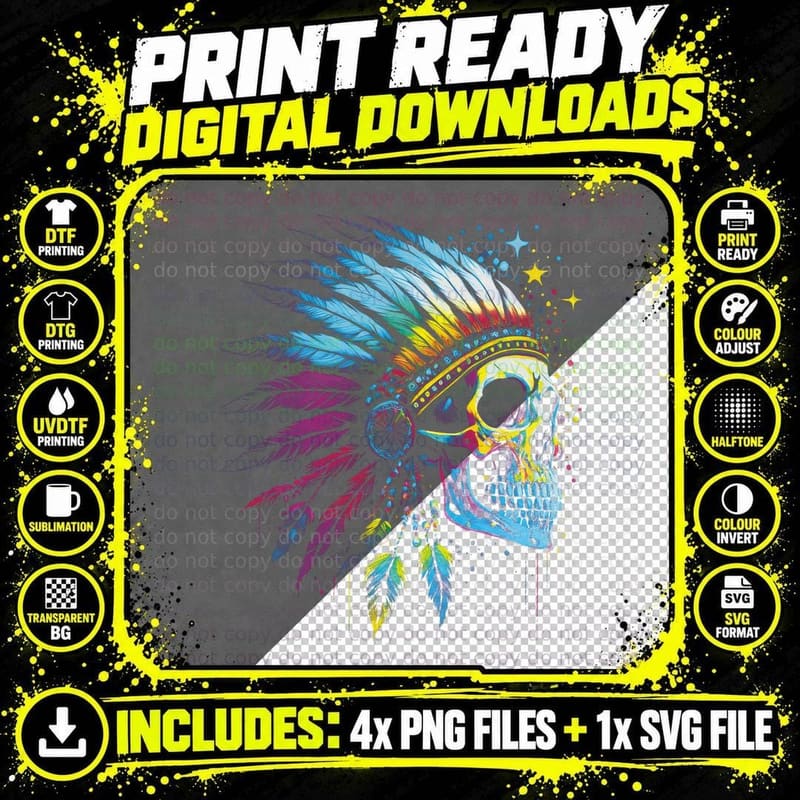 Skull Headdress T-Shirt, Native American Art Png SVG Digital Bundle