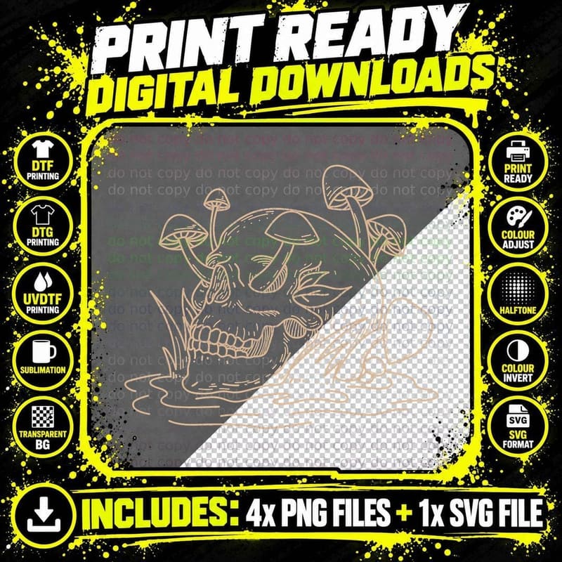 Skull Mushroom Morel Mycologist Goth Mushroom Skeleton Png SVG Digital Bundle