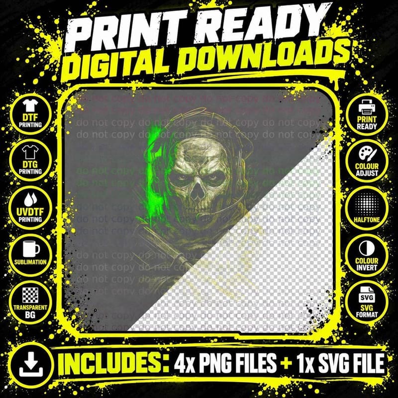 Skull with Green Halo T-Shirt, Dark Art Print Png SVG Digital Bundle