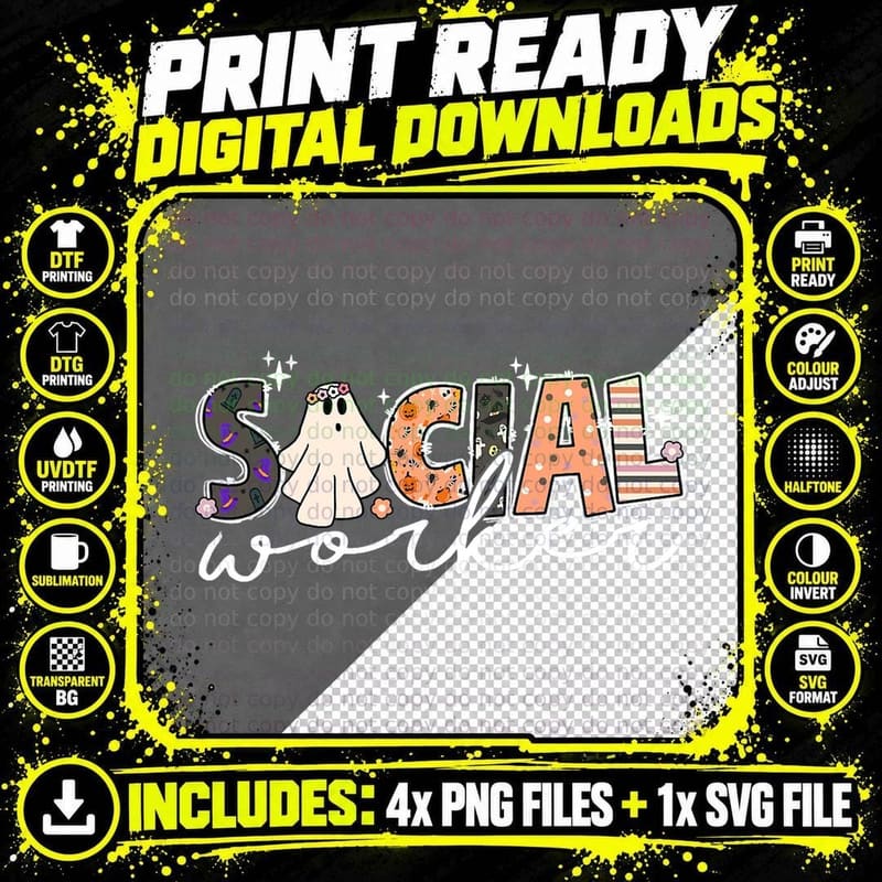 Social Worker Halloween School Social Work Retro Ghost Png SVG Digital Bundle