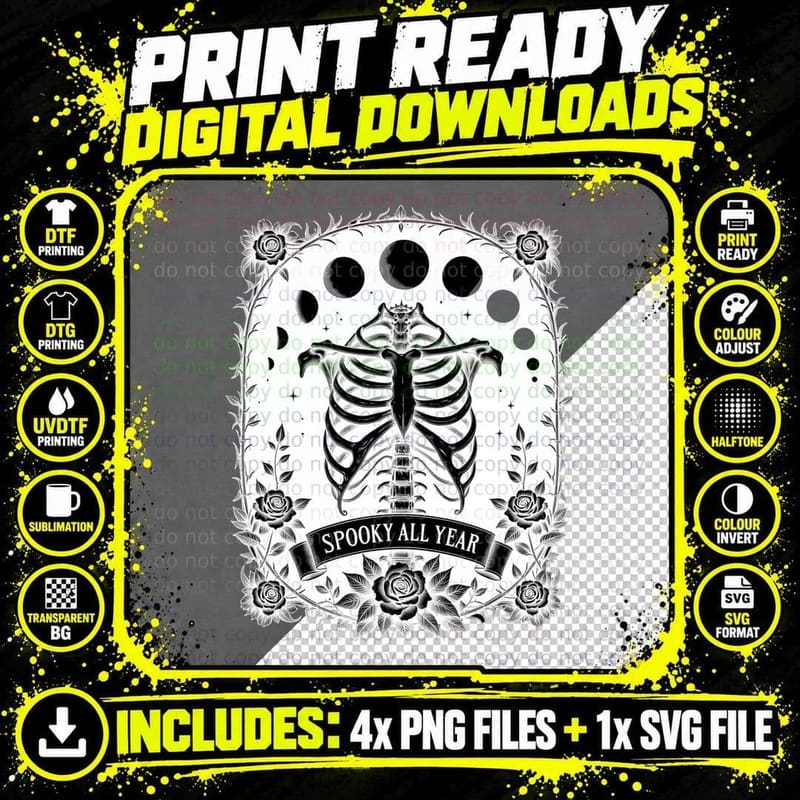 Spooky All Year Skeleton with Floral Wreath Horror Png SVG Digital Bundle