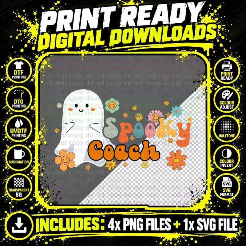 Spooky Coach Retro Groovy Cute Ghost Halloween T-Shirt Png SVG Digital Bundle