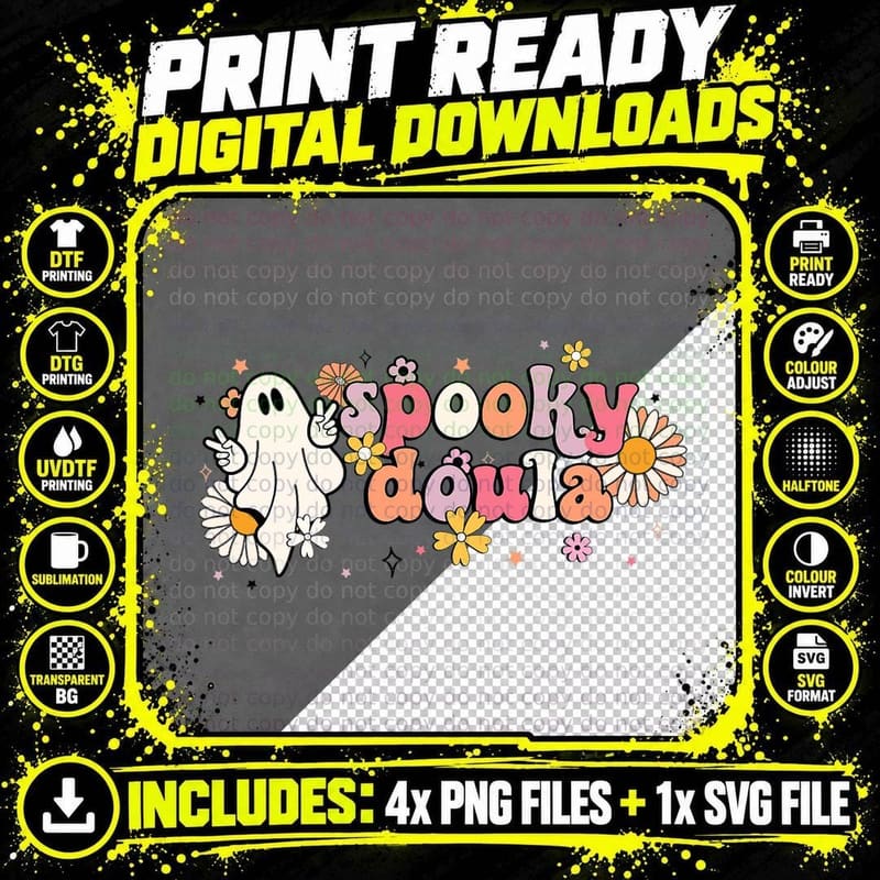 Spooky Doula Groovy Cute Ghost Funny Halloween Doula Png SVG Digital Bundle