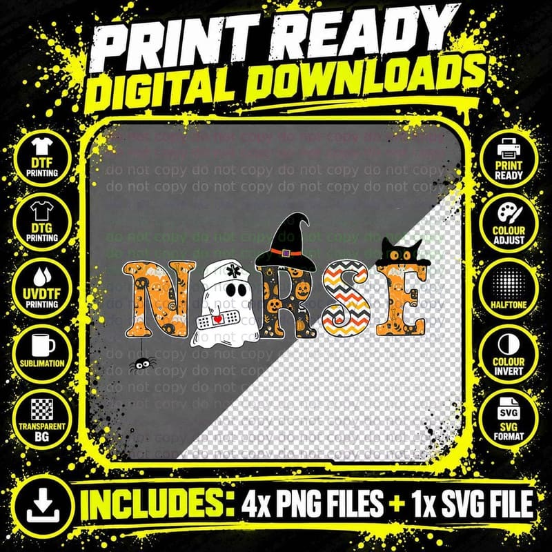 Spooky Halloween Nurse RN Cute Scrub Healthcare Cat Png SVG Digital Bundle