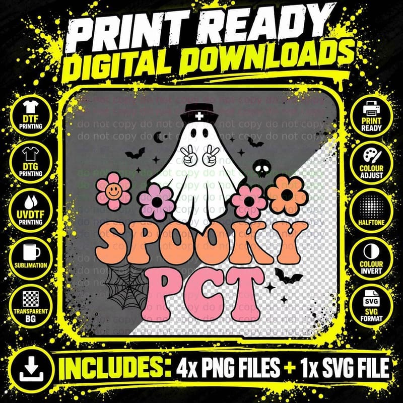 Spooky PCT Patient Care Tech Ghost Outfit for Halloween Png SVG Digital Bundle