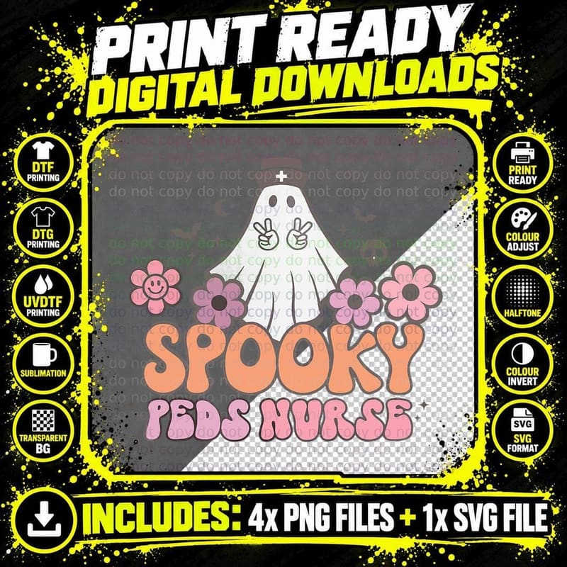 Spooky Peds Nurse Halloween Cute Ghost Pediatric Nurse Png SVG Digital Bundle