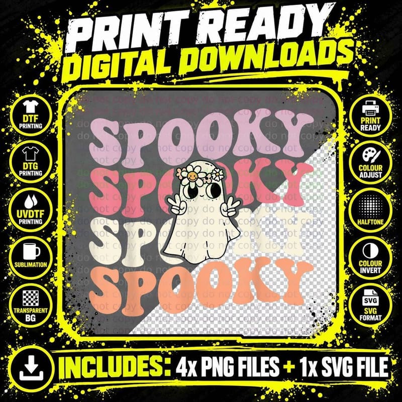 Spooky Retro Groovy Floral Ghost Halloween Costume Png SVG Digital Bundle