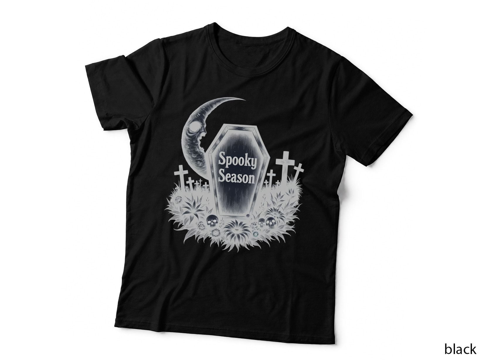 Spooky Season Coffin, Skulls, and Moon Floral Arrangement Horror T-Shirt