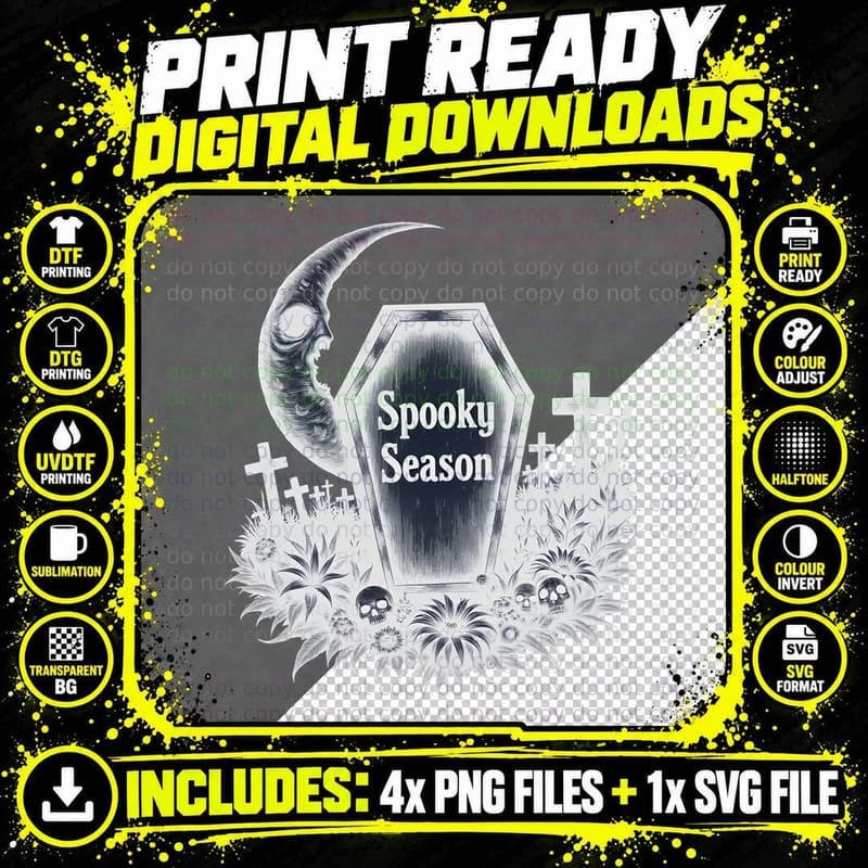 Spooky Season Coffin, Skulls, and Moon Floral Png SVG Digital Bundle