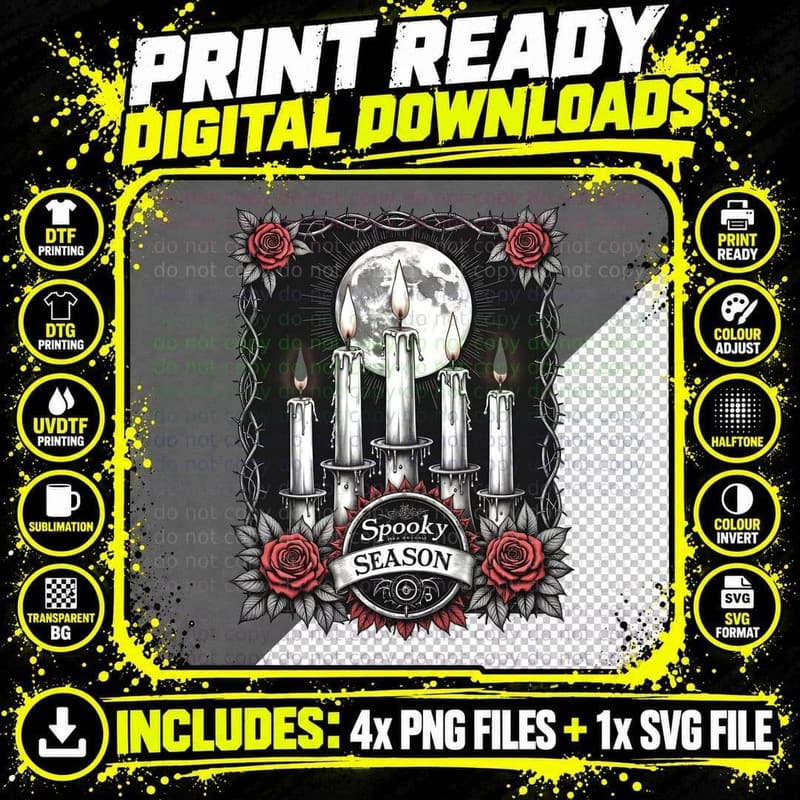 Spooky Season Gothic Candle Full Moon Thorny Vines Png SVG Digital Bundle