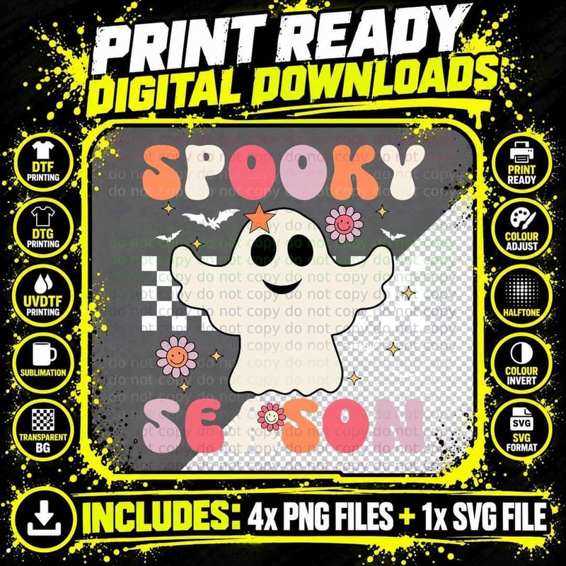 Spooky Season Groovy Cool Ghost Pumpkin Funny Halloween Png SVG Digital Bundle