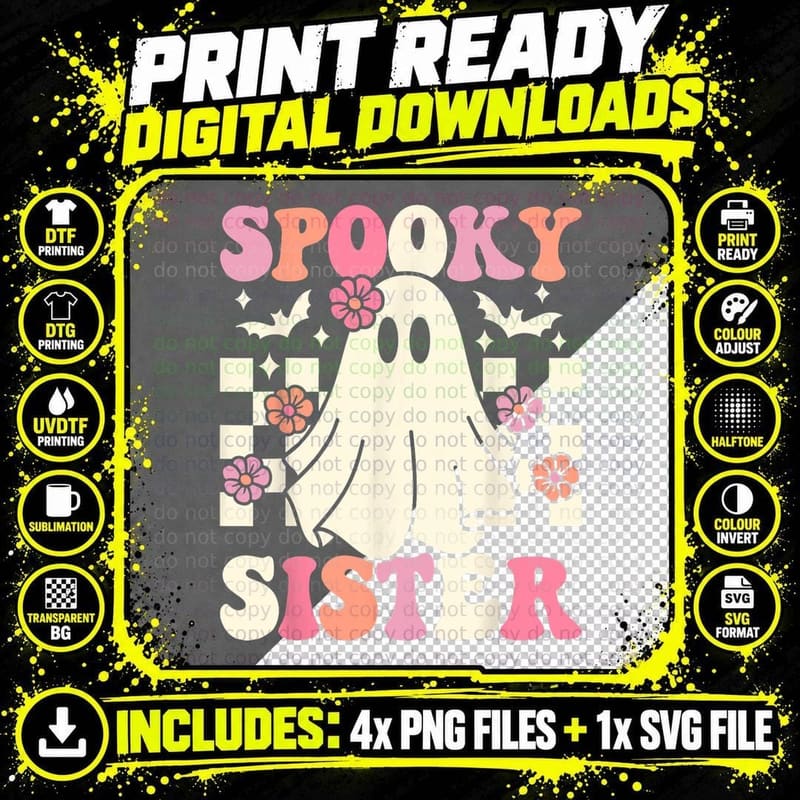 Spooky Sister Halloween Ghost Costume Retro Groovy Png SVG Digital Bundle