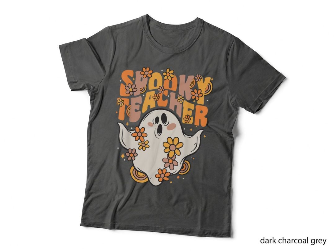 Spooky Teacher Groovy Ghost with Vintage Flowers Halloween T-Shirt