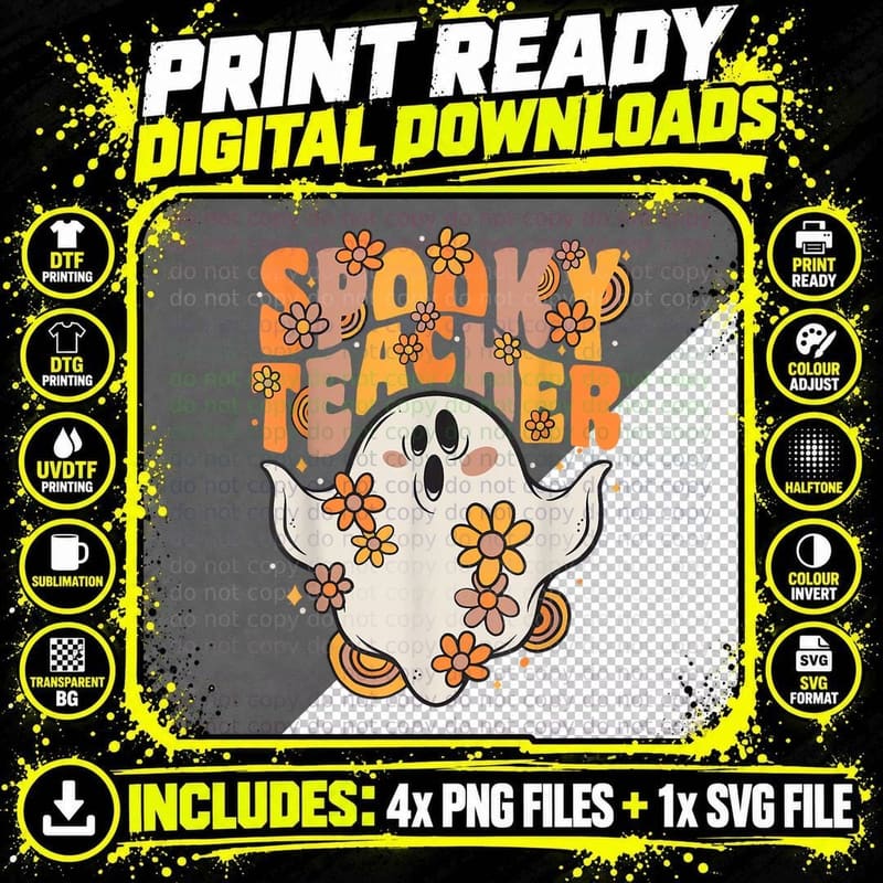 Spooky Teacher Groovy Ghost with Vintage Flowers Png SVG Digital Bundle