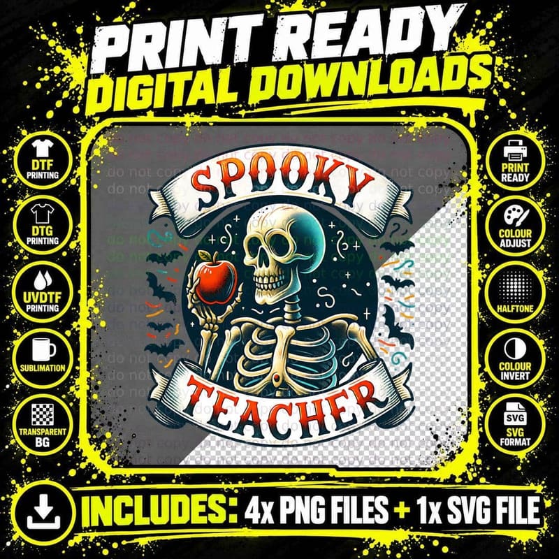 Spooky Teacher Skeleton Halloween, Horror, Goth T-Shirt Png SVG Digital Bundle