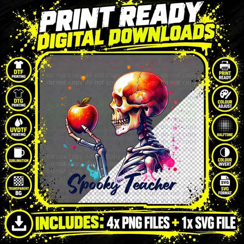Spooky Teacher Skeleton with Apple Watercolor, Warm Cozy Png SVG Digital Bundle